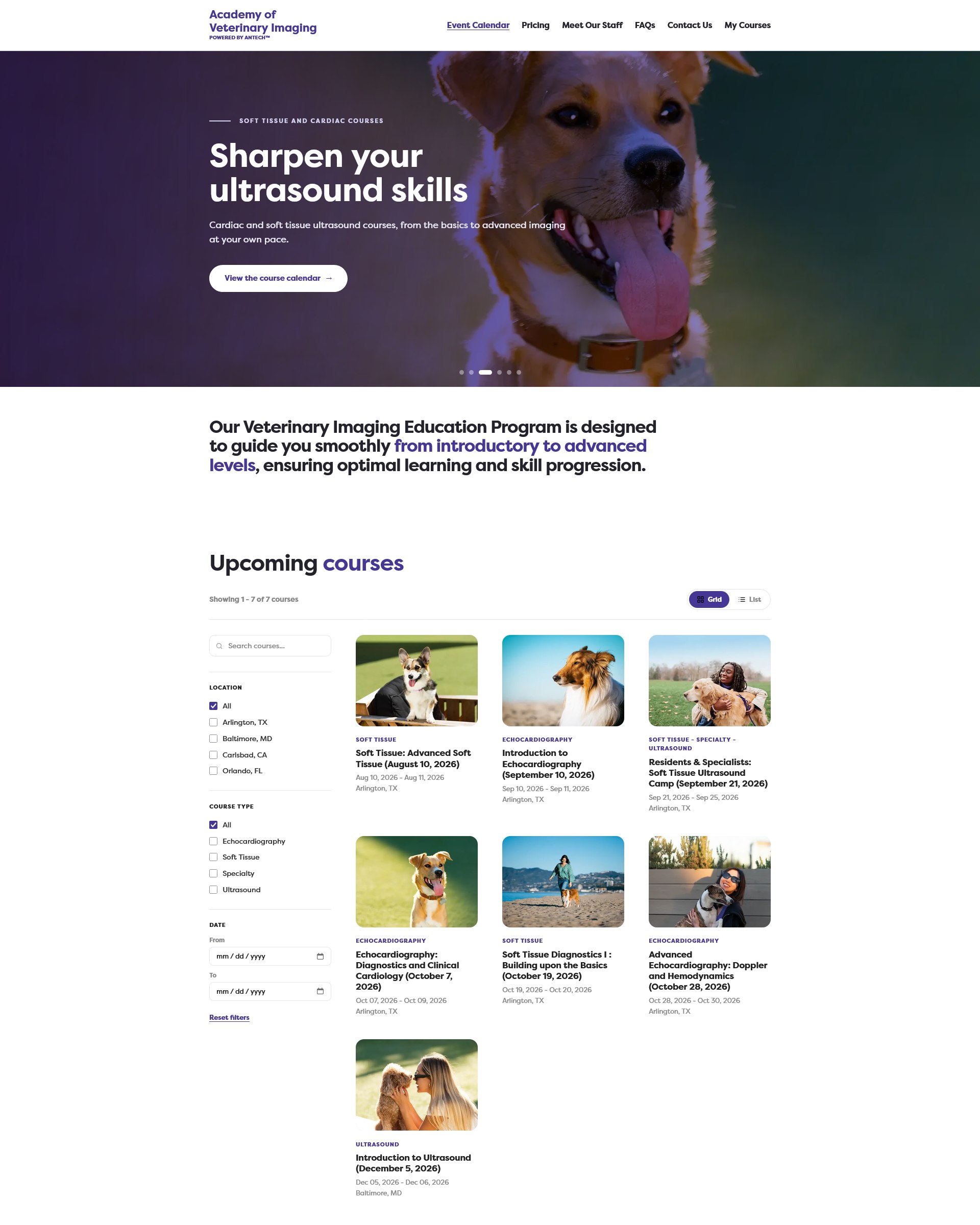 Academy of Veterinary Imaging homepage with hero and filterable course listings
