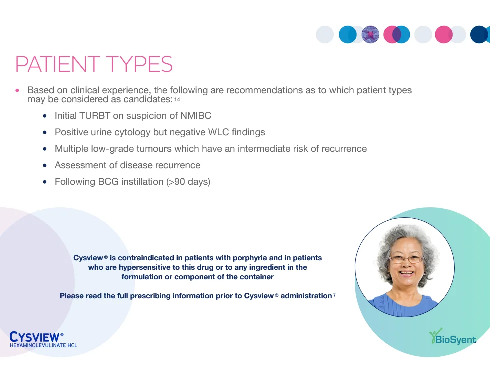 Cysview IQVIA OCE CLM patient types slide listing candidate patient recommendations