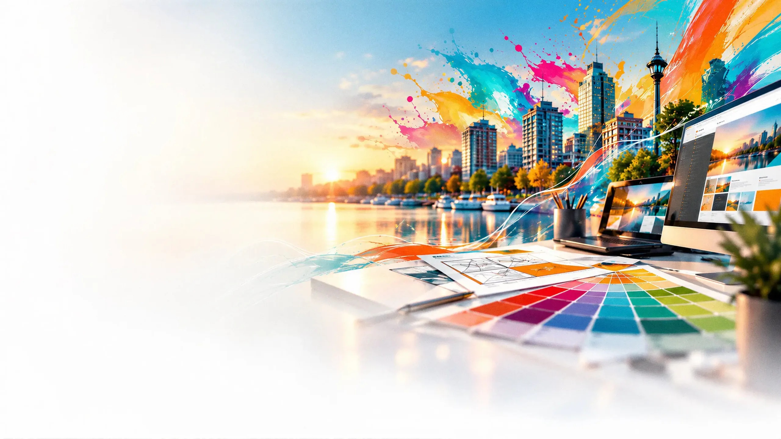 Barrie waterfront skyline at sunset with colourful paint splashes, behind a designer's desk with colour swatches, layout sketches, a laptop and a monitor showing a website