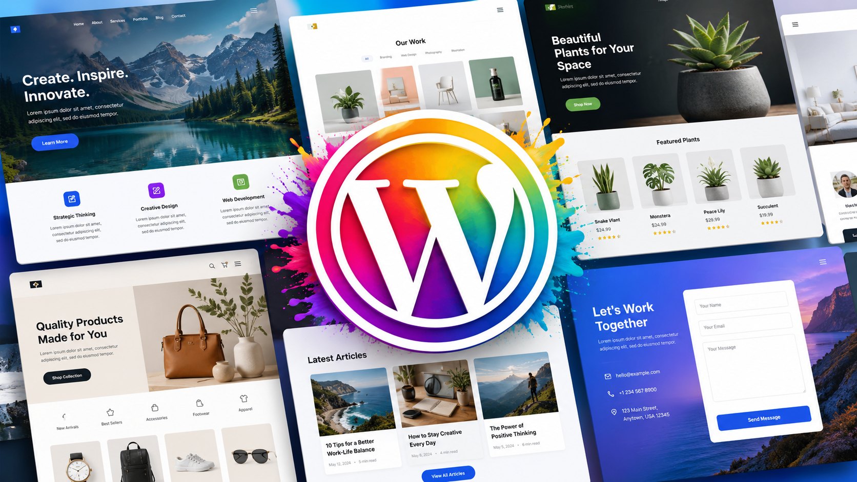A montage of custom WordPress website designs around the WordPress logo