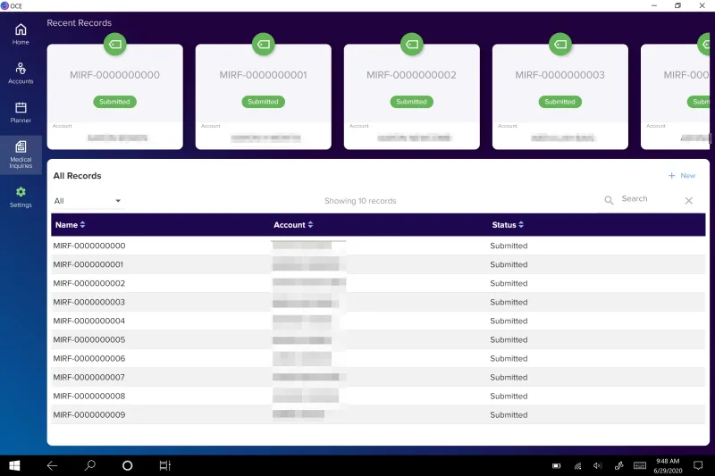 The IQVIA OCE app showing the Medical Inquiries records screen