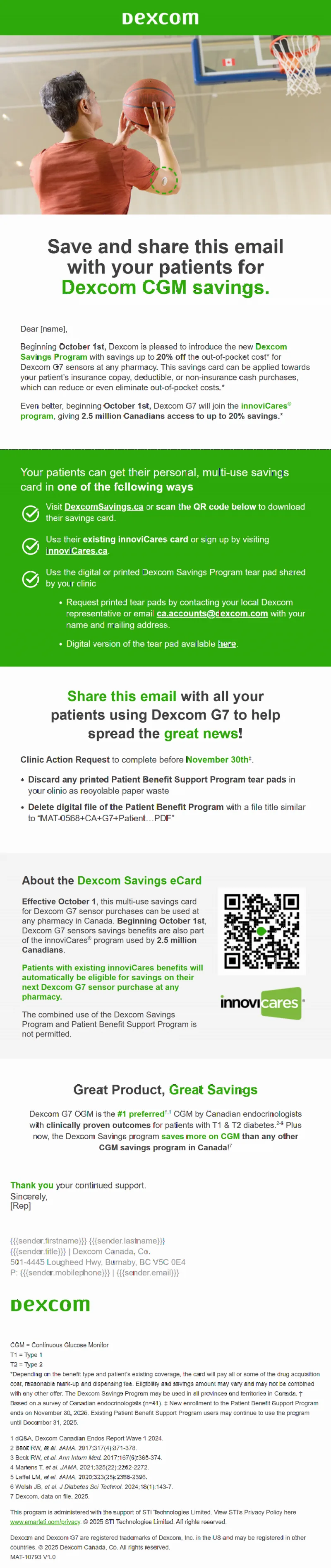 IQVIA OCE Email built for Dexcom, the Dexcom CGM Savings Program email for healthcare professionals