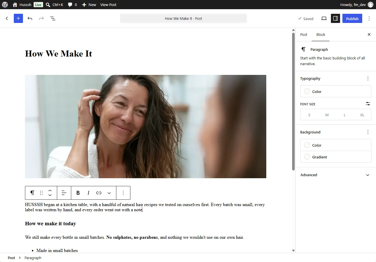 The WordPress Block Editor with a paragraph block selected, its block toolbar above it and the block settings sidebar open on the right