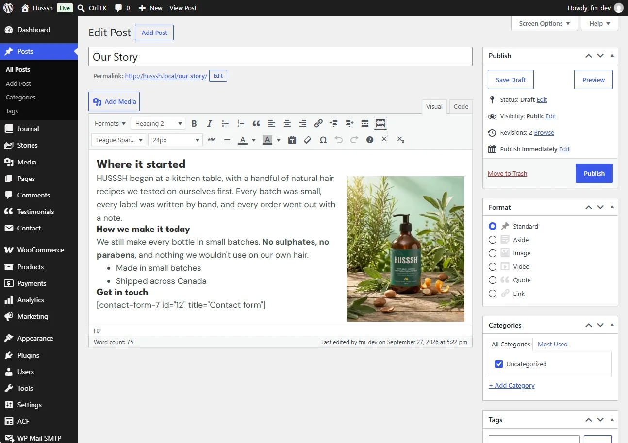 The WordPress Classic Editor with a Word-like toolbar above one long block of content, including a contact form shortcode shown as plain text