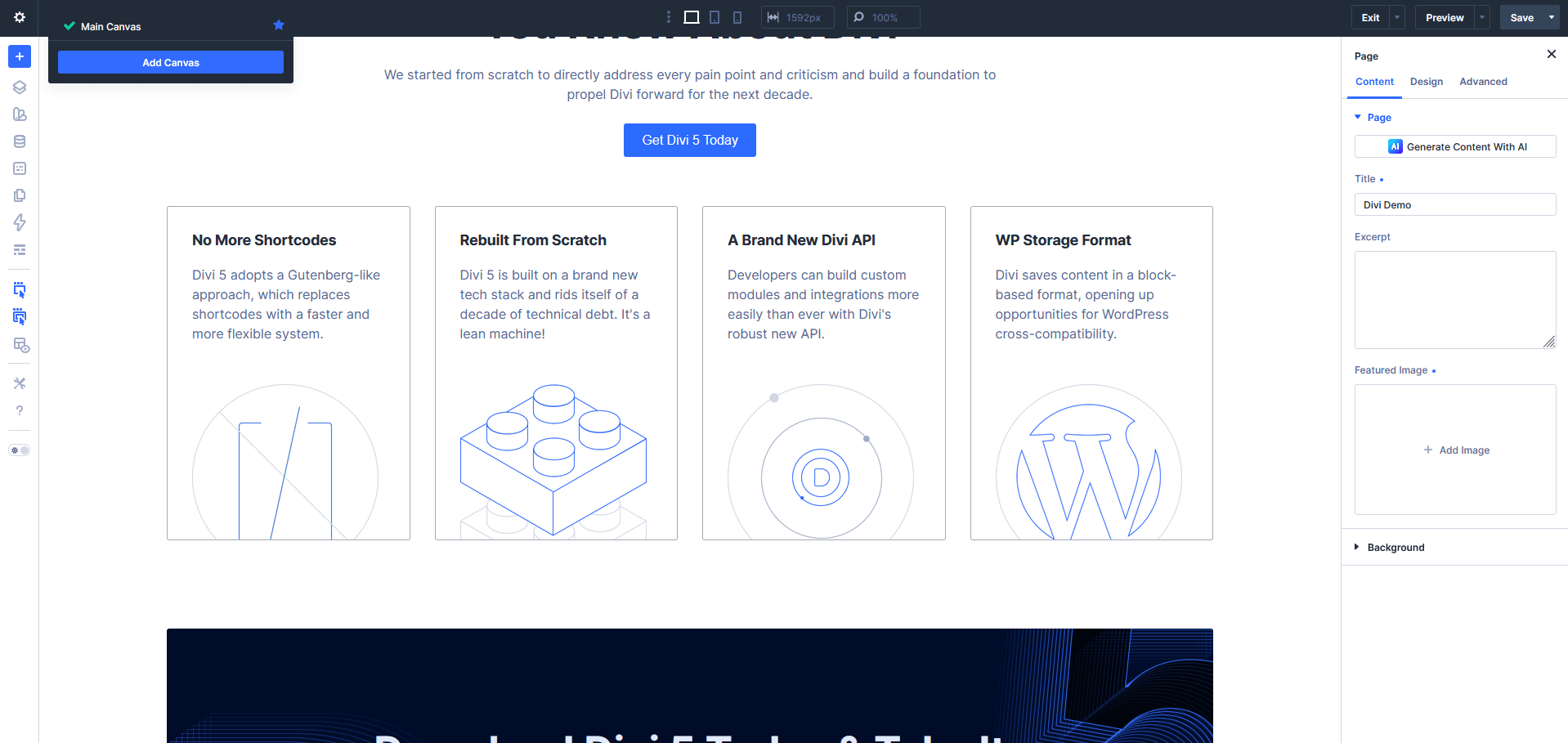 The Divi 5 visual builder on Elegant Themes' official demo, with desktop, tablet and phone view toggles in the top bar and the settings panel on the right