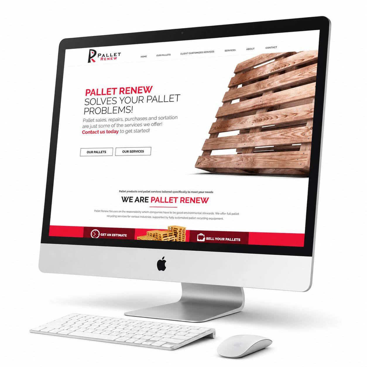 Pallet Renew website design shown on a desktop computer