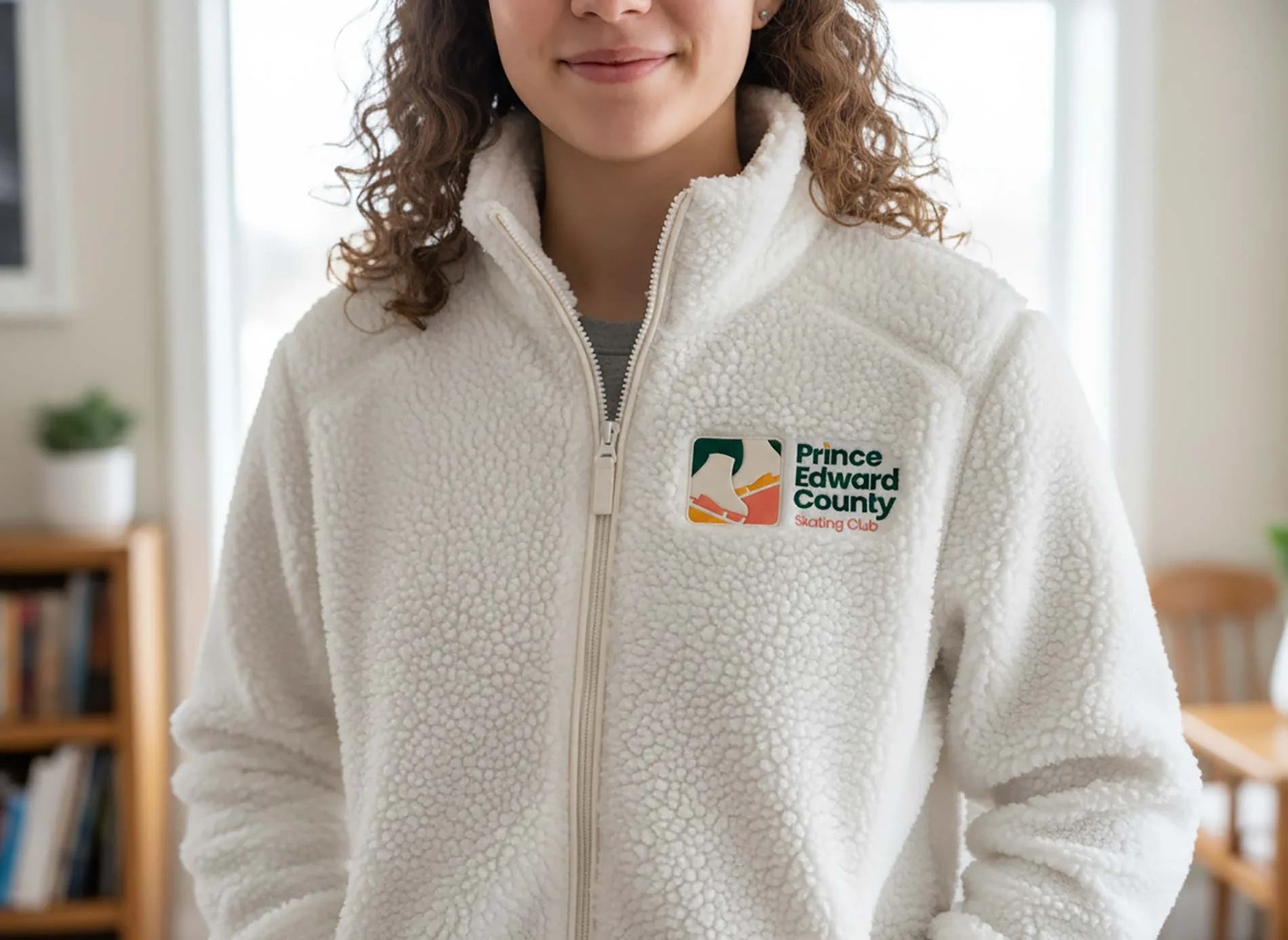 Skating club member wearing a branded sherpa jacket with the embroidered logo