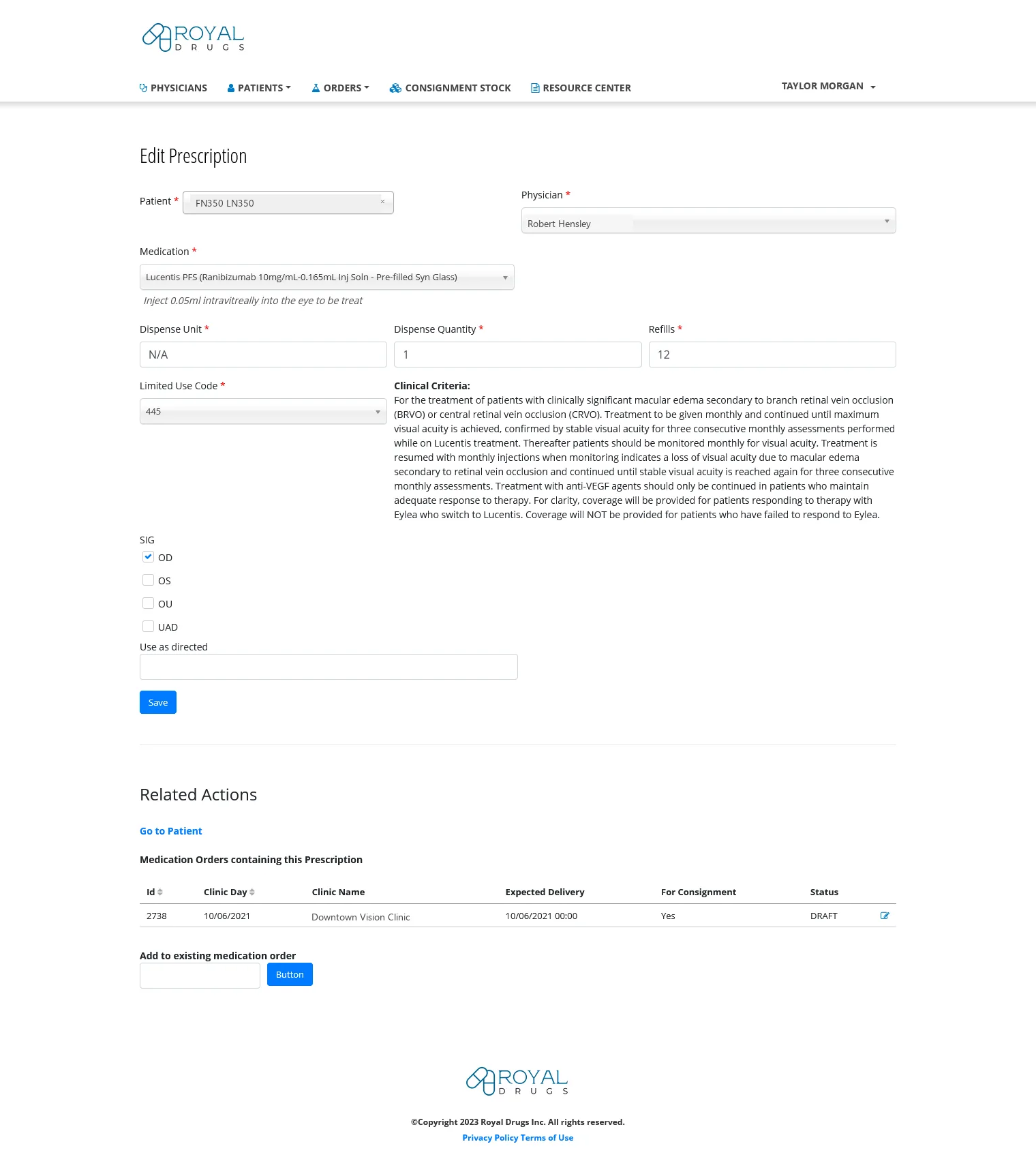 Royal Drugs ePrescribe edit prescription form with medication, dispensing, and limited use coverage criteria