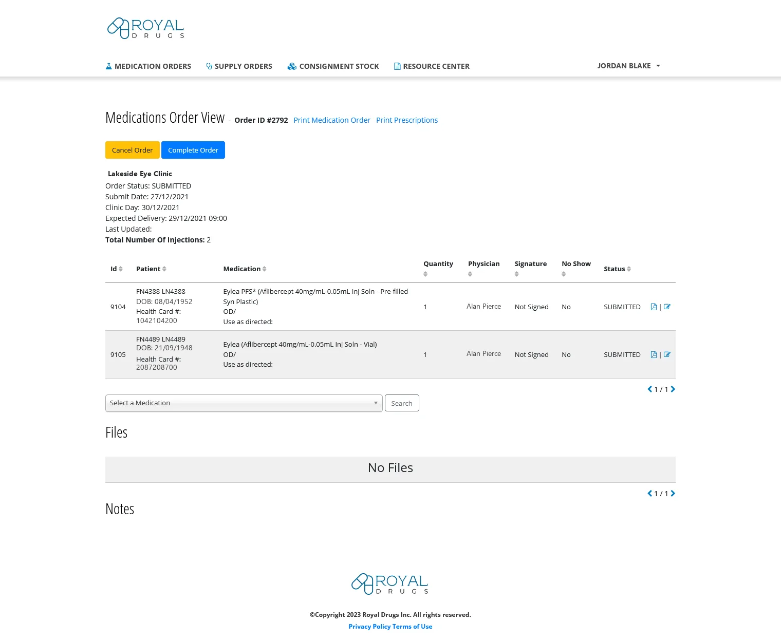 Royal Drugs ePrescribe medication order view with line items, quantities, and order status