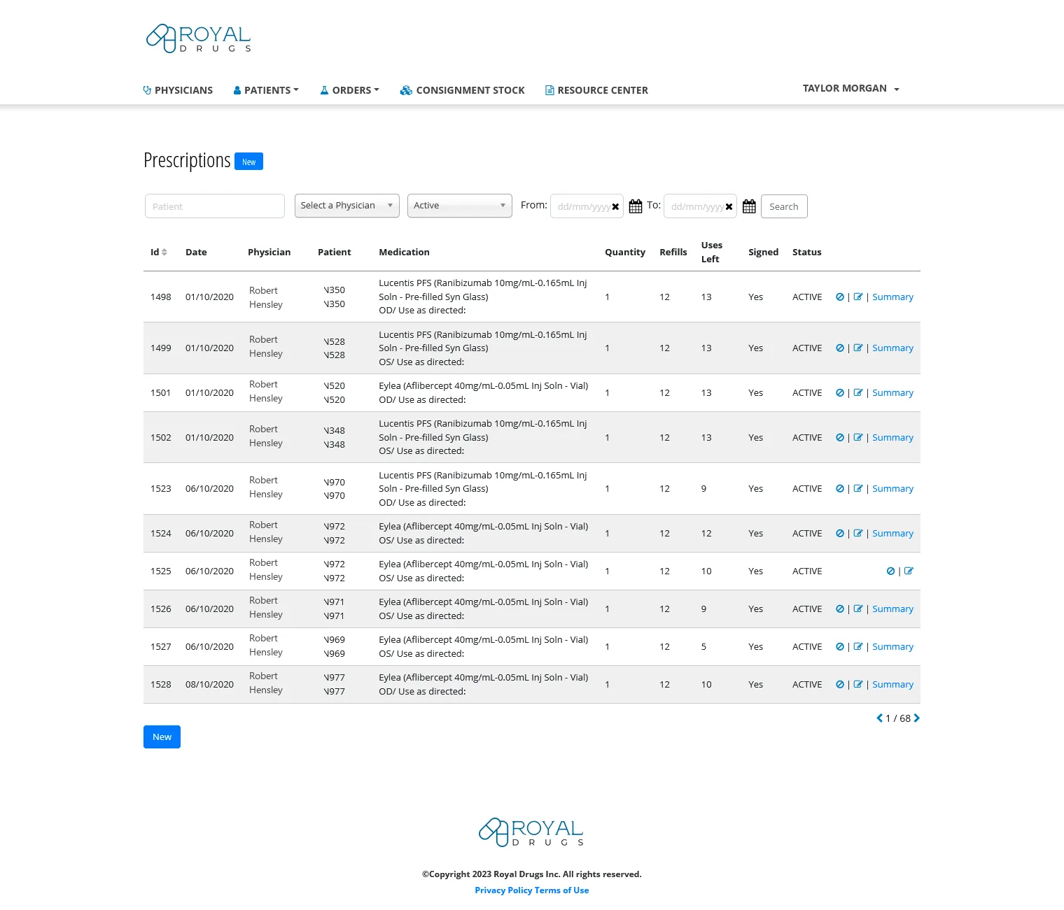 Royal Drugs ePrescribe prescriptions list with search, filters, and per-row status