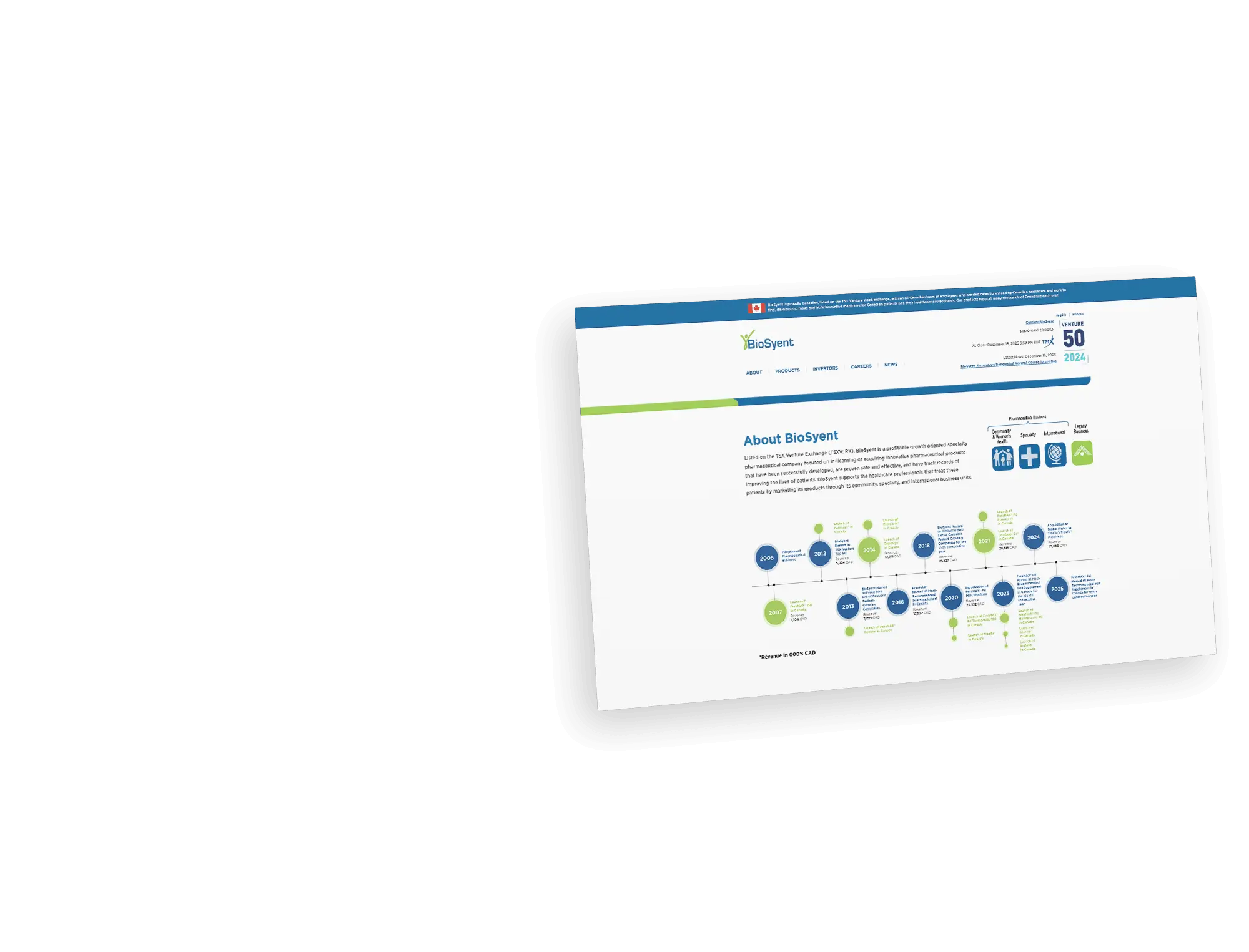 BioSyent About page with a company history timeline