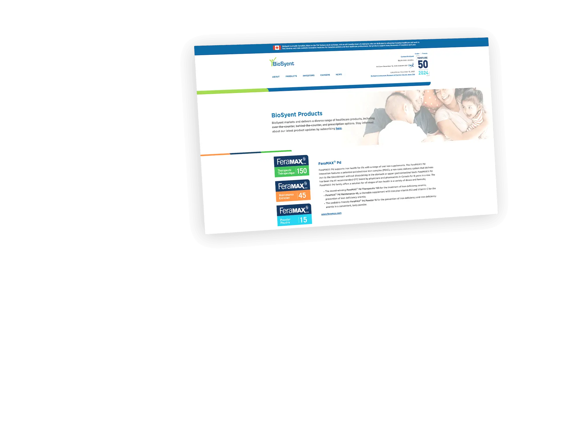 BioSyent products page featuring the FeraMAX product line