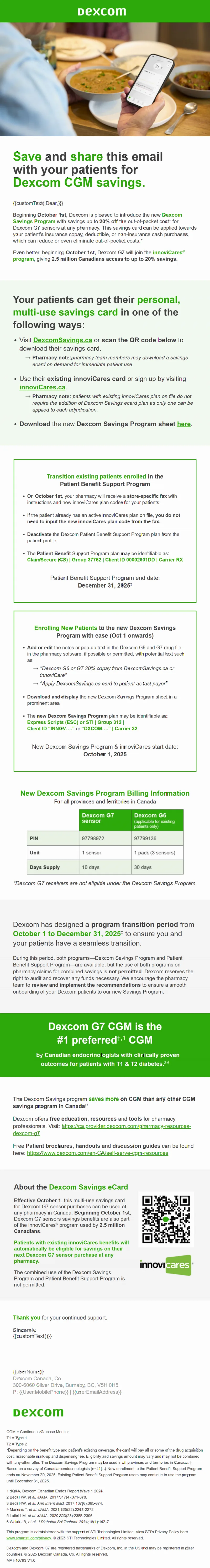 Veeva Approved Email built for Dexcom, the Dexcom CGM Savings Program email for healthcare professionals