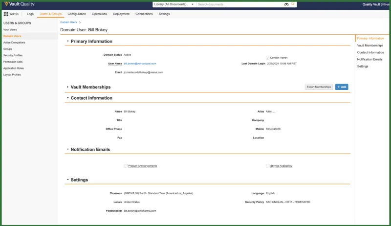The Veeva Vault platform admin interface showing a domain user profile
