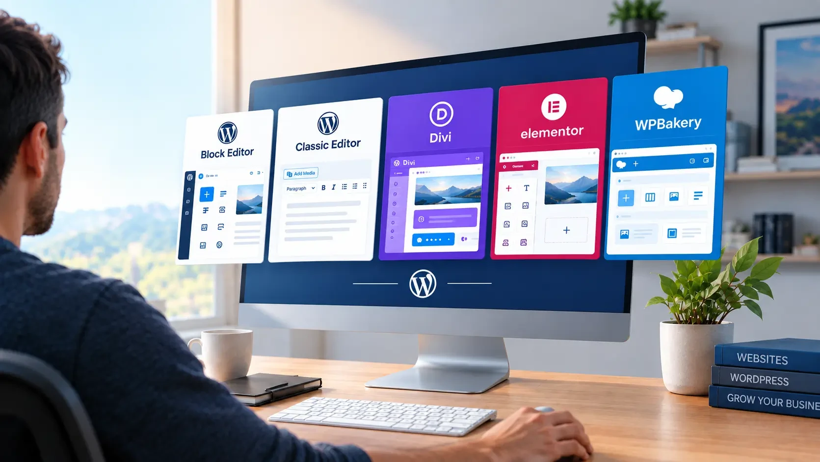 The Block Editor, Classic Editor, Divi, Elementor and WPBakery editing screens shown as cards above a WordPress site on a desktop monitor