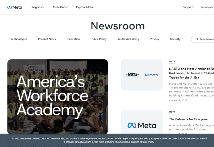 Meta Newsroom homepage, built on WordPress