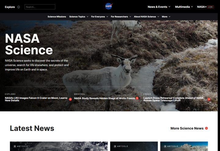 NASA Science homepage, built on WordPress